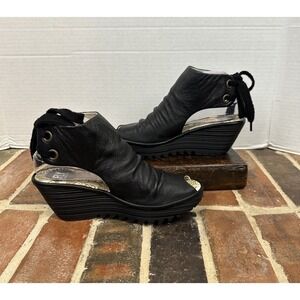 Fly London Black Leather Platform Peep Toe Lace-Up Wedge Sandals Women's 6.5